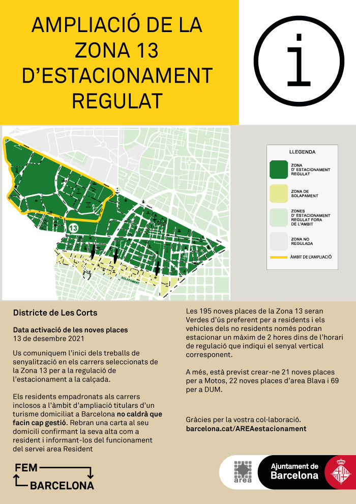 Ampliació de l’estacionament regulat de la Zona 13 del Districte de Les Corts
